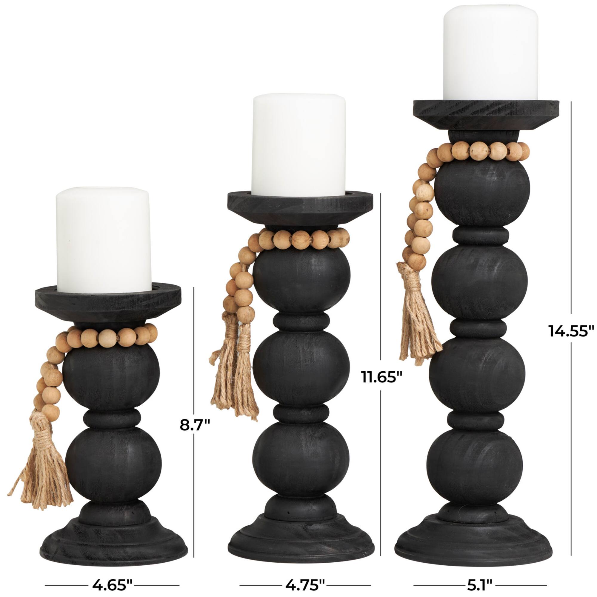 Black Wood Handmade Bubble Inspired Matte Candle Holder with Beaded Garland Set
